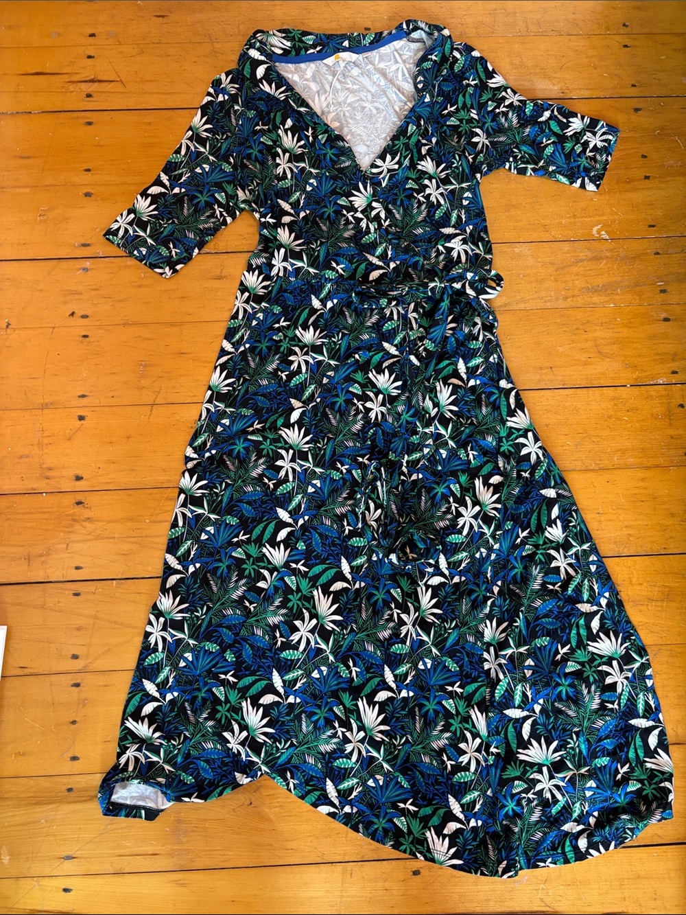 Boden Navy, Green and White Floral Wrap Midi Dress